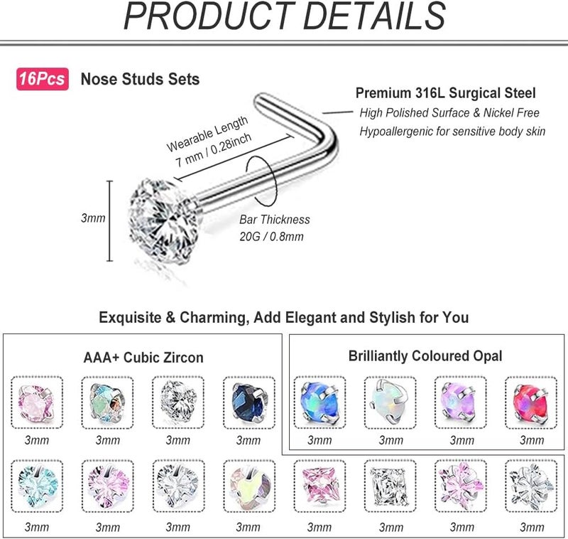 SEEDRILL Nose Rings Studs for Women 16Pcs 18g/20g Nose Studs Hypoallergenic 316L Surgical Steel Nose Piercings Jewelry 3mm CZ & Opal Nose Ring L Shape Nose Stud 20 Gauge Nose Screw Studs - Image 2